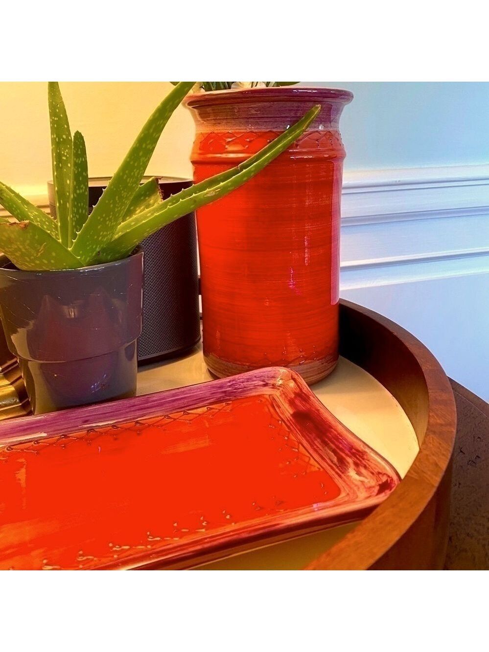 Handmade Made in France 3 Piece Orange Red Purple Pink Ceramic Vase Tray Blanket